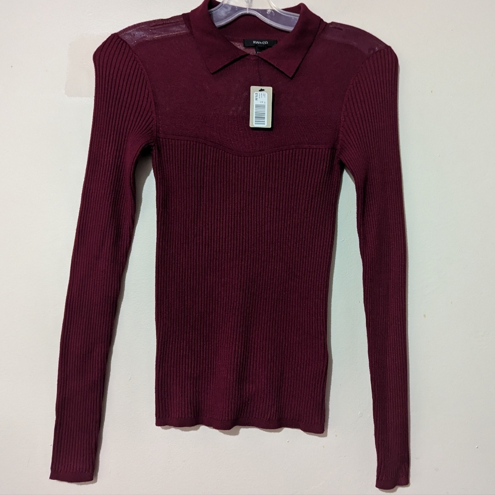 RW&Co Long-Sleeve Polo Ribbed Sweater With Sheer Yoke Size XS New! - Picture 2 of 15
